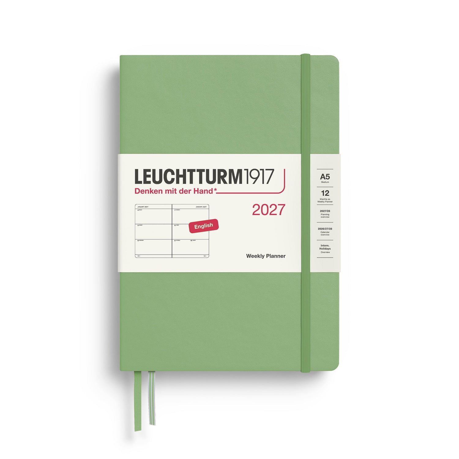 Weekly Planner 2027, 12 Months, English – Medium (A5) Hardcover Sage