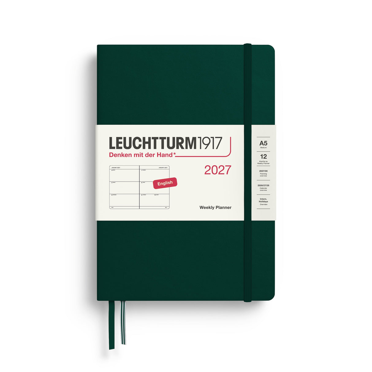 Weekly Planner 2027, 12 Months, English – Medium (A5) Hardcover Forest Green