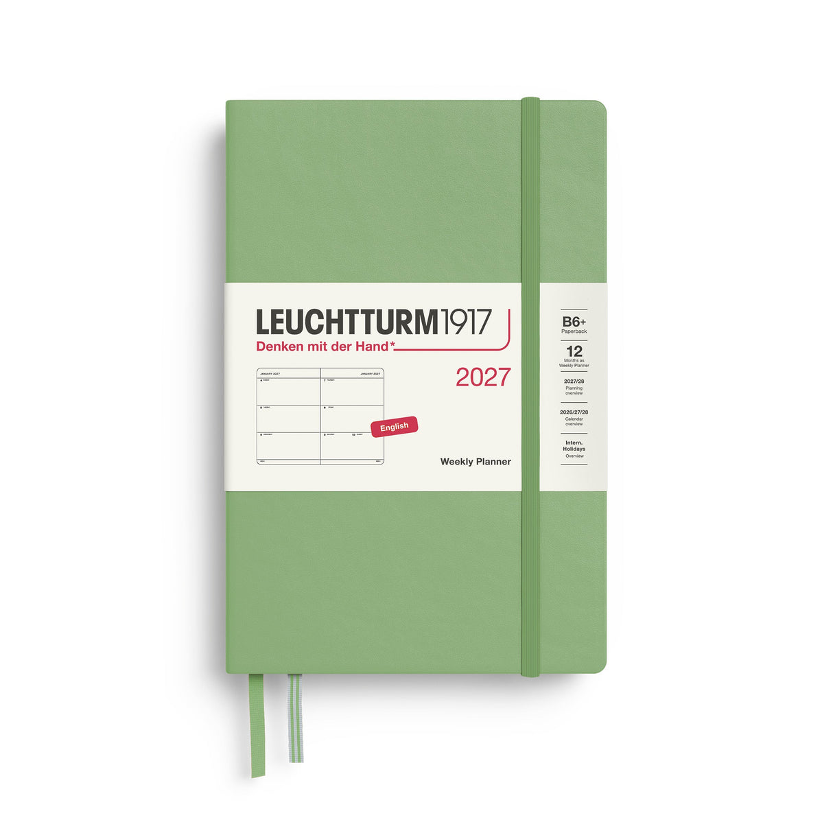 Weekly Planner 2027, 12 Months, English – Paperback (B6+) Hardcover Sage