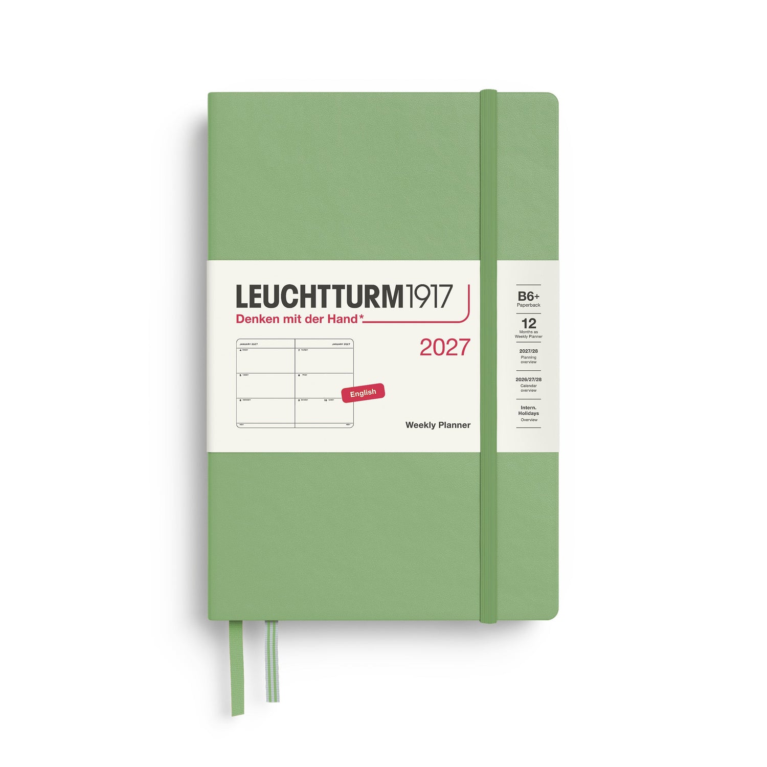 Weekly Planner 2027, 12 Months, English – Paperback (B6+) Hardcover Sage