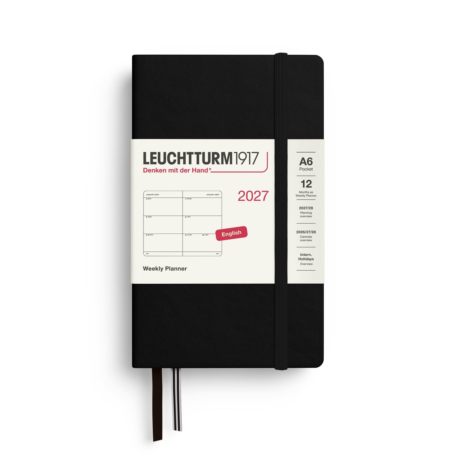 Weekly Planner 2027, 12 Months, English – Pocket (A6) Hardcover Black