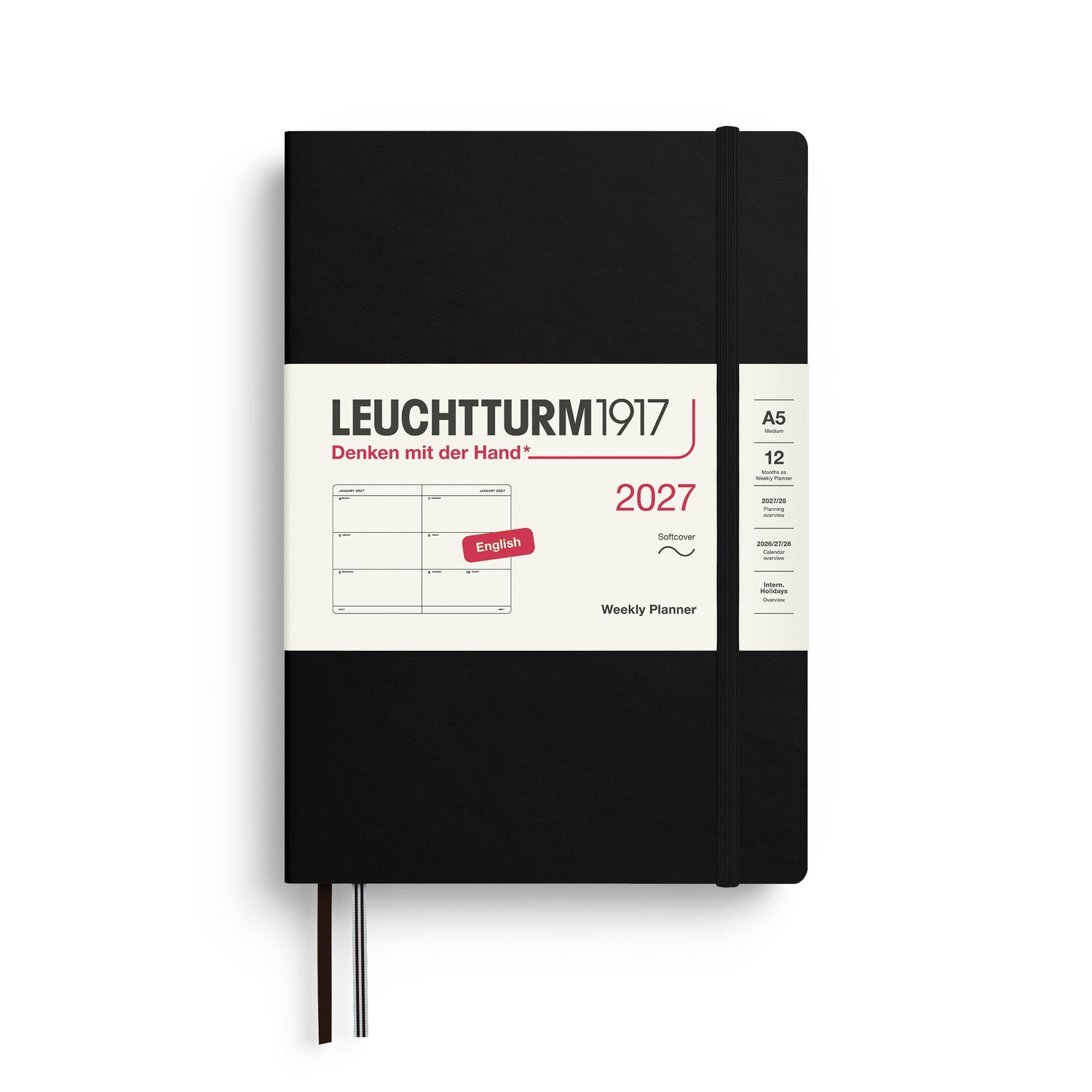 Weekly Planner 2027, 12 Months, English – Medium (A5) Softcover Black