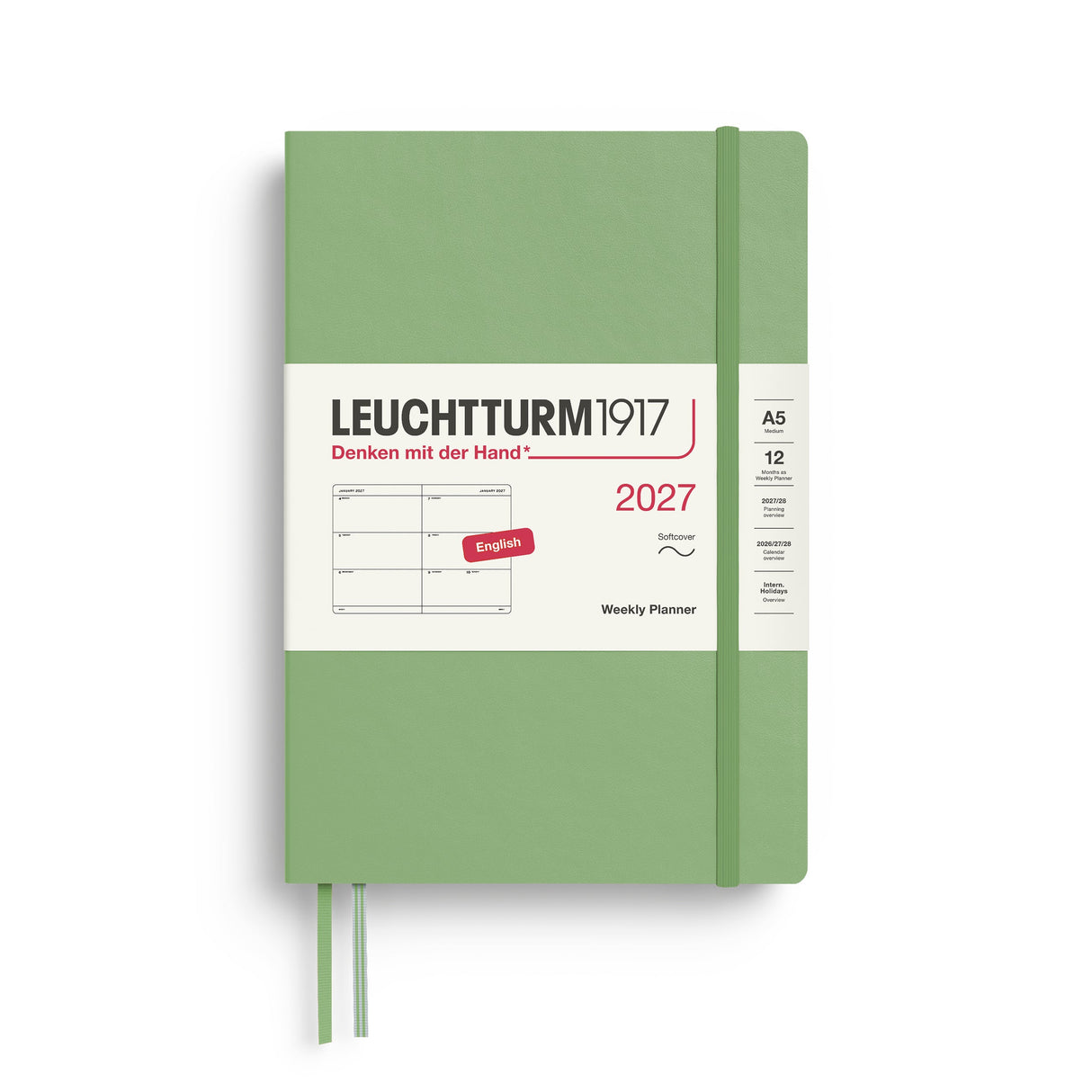 Weekly Planner 2027, 12 Months, English – Medium (A5) Softcover Sage