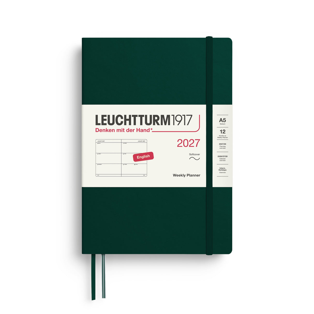 Weekly Planner 2027, 12 Months, English – Medium (A5) Softcover Forest Green