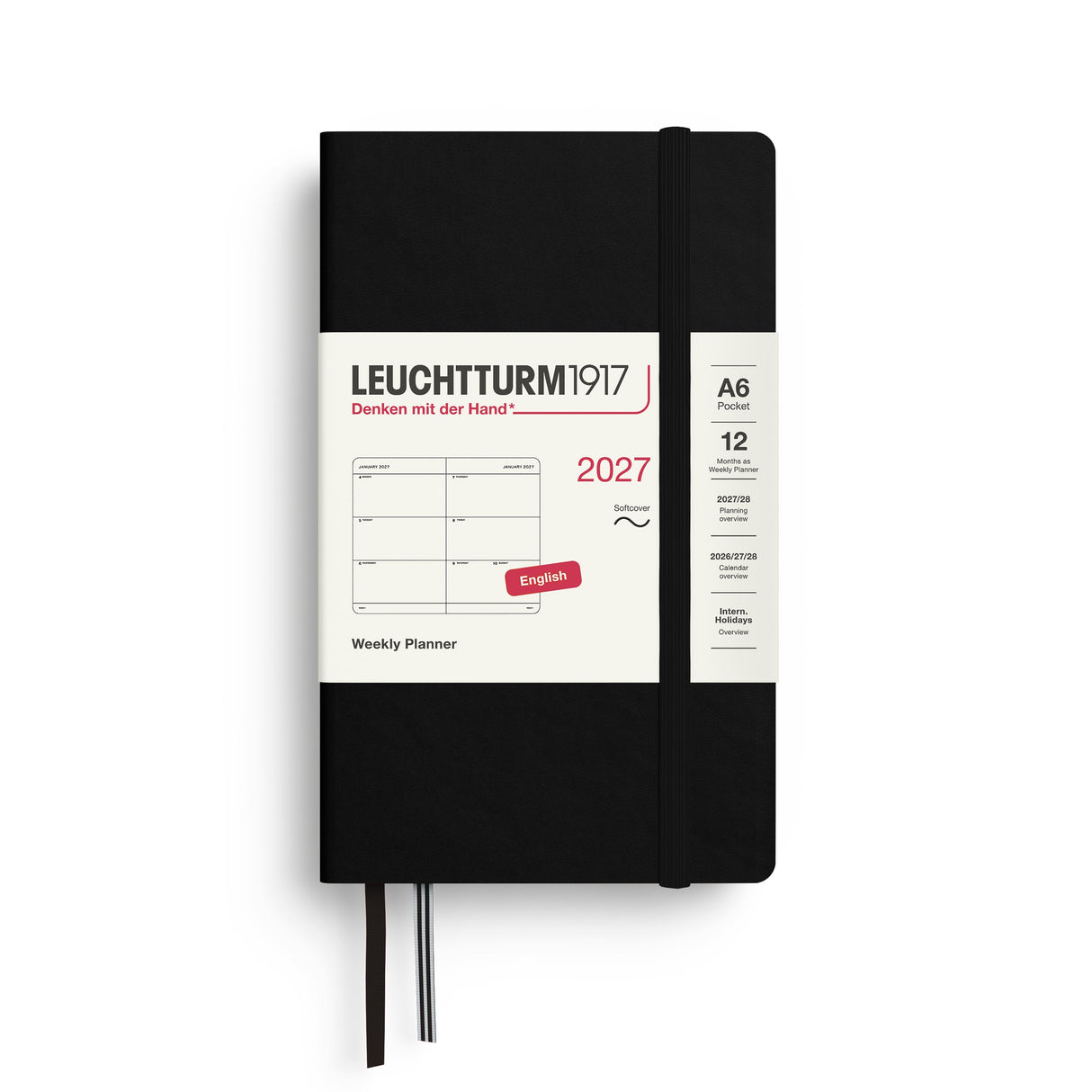 Weekly Planner 2027, 12 Months, English – Pocket (A6) Softcover Black