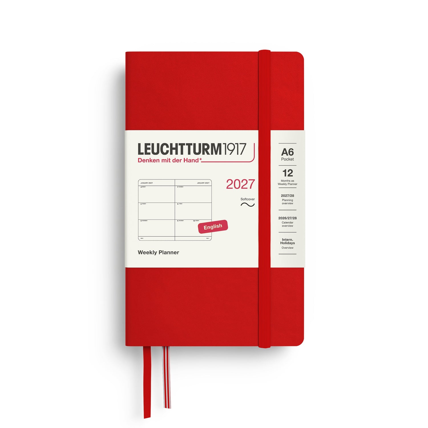 Weekly Planner 2027, 12 Months, English – Pocket (A6) Softcover Cherry