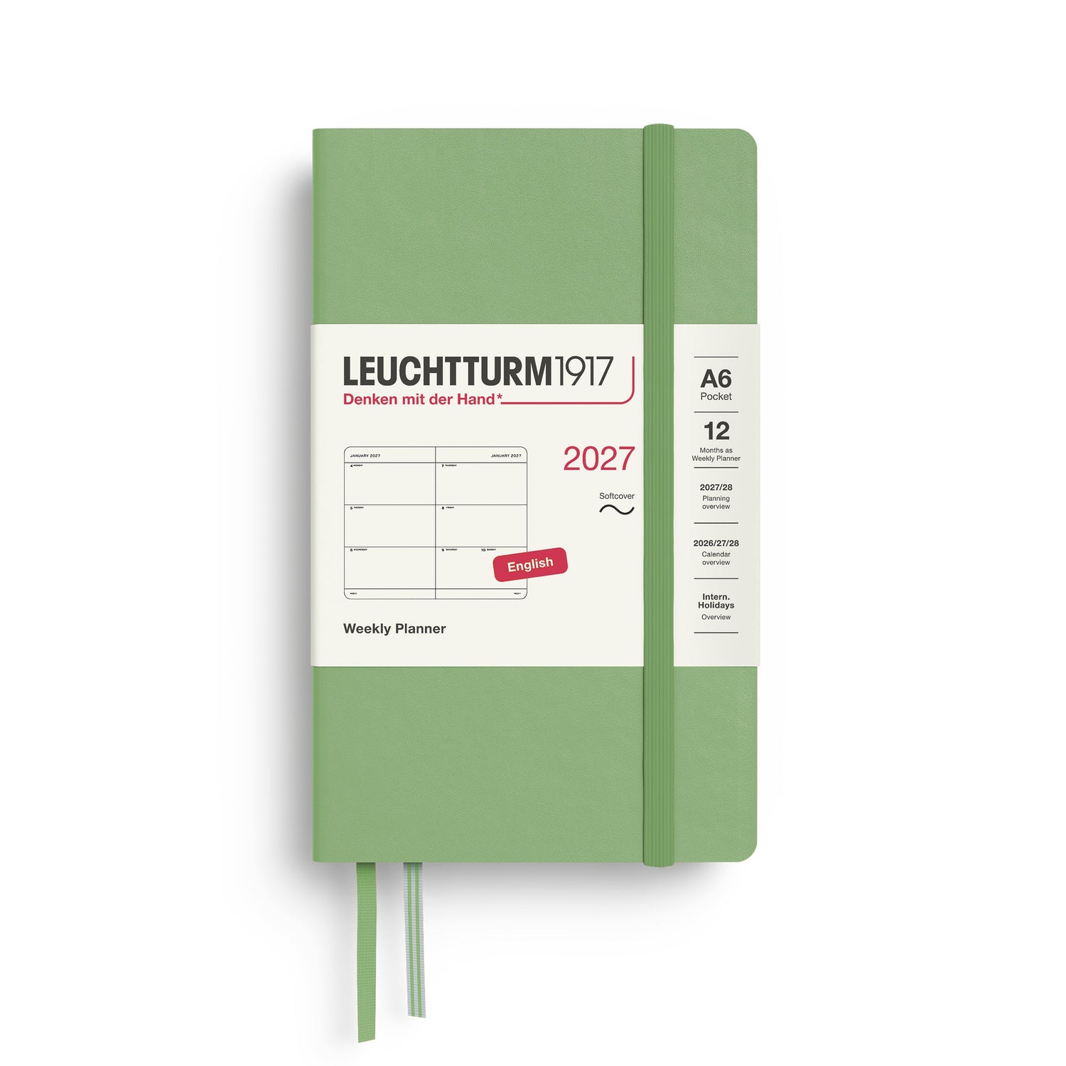 Weekly Planner 2027, 12 Months, English – Pocket (A6) Softcover Sage