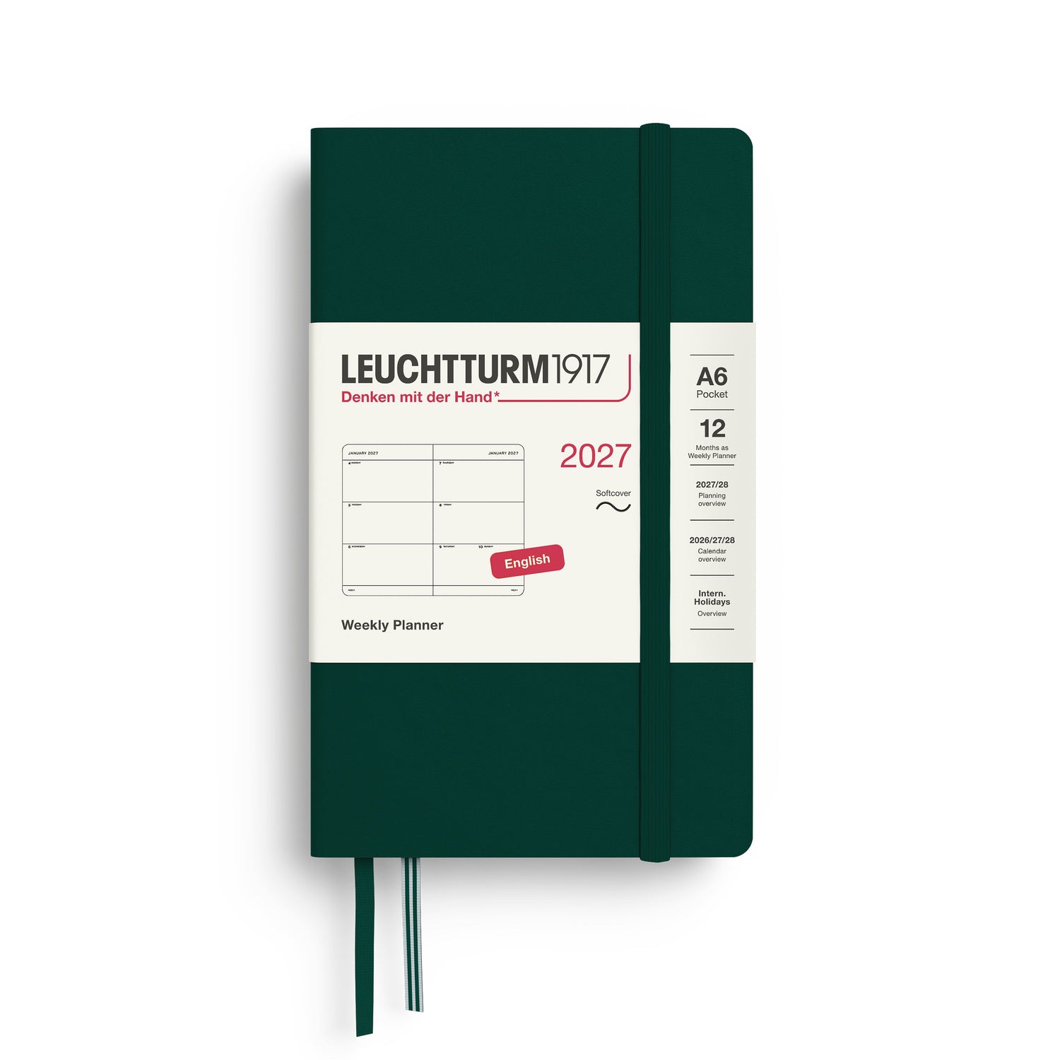 Weekly Planner 2027, 12 Months, English – Pocket (A6) Softcover Forest Green