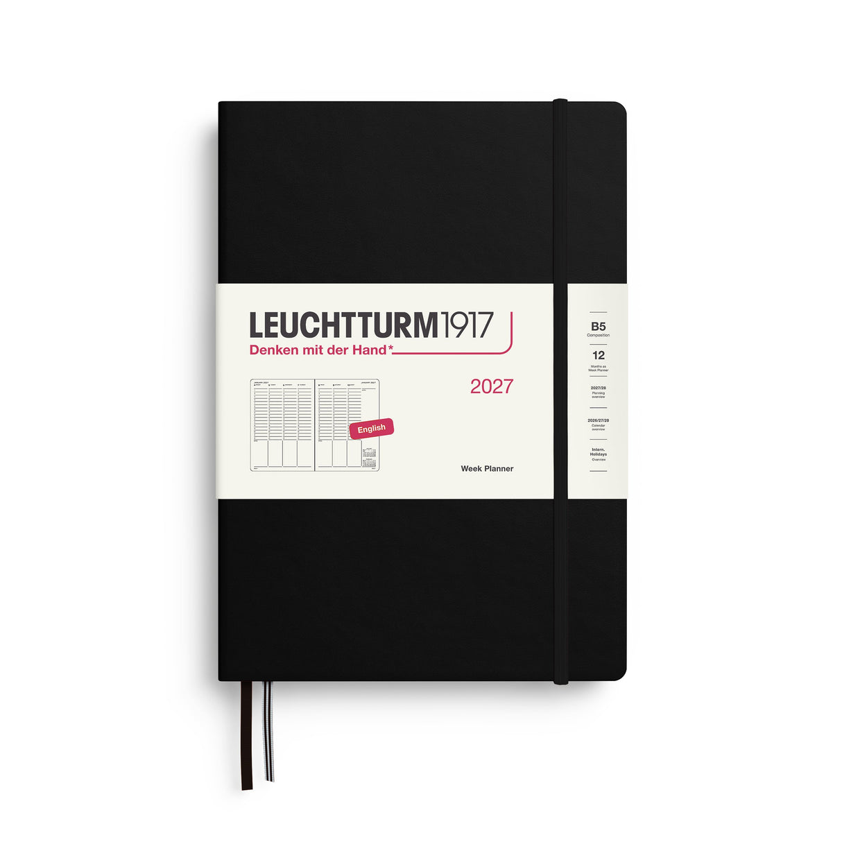 Week Planner 2027, 12 Months, English – Composition (B5) Hardcover Black