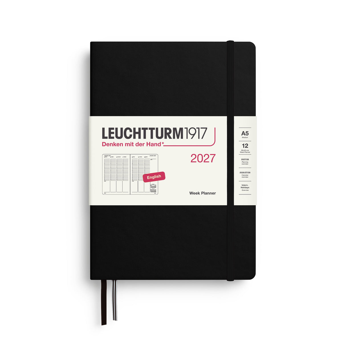 Week Planner 2027, 12 Months, English – Medium (A5) Hardcover Black