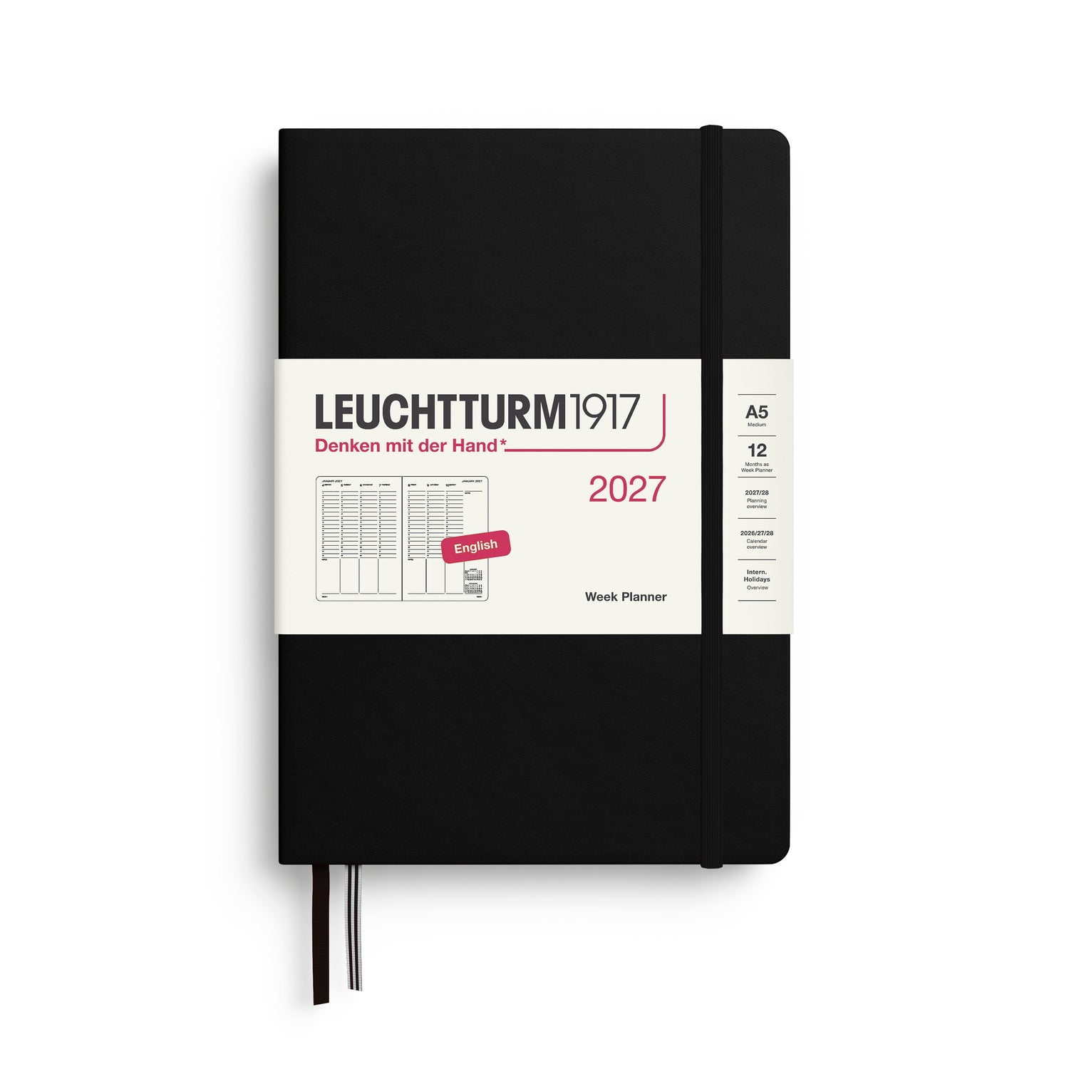 Week Planner 2027, 12 Months, English – Medium (A5) Hardcover Black