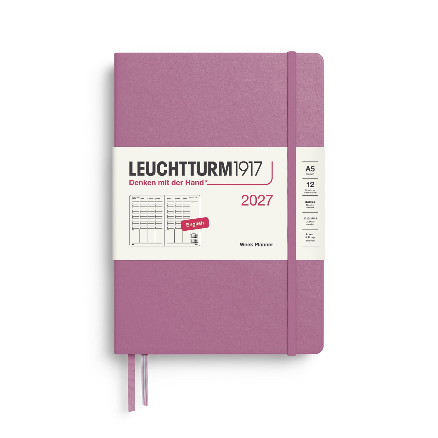 Week Planner 2027, 12 Months, English – Medium (A5) Hardcover Dusty Rose