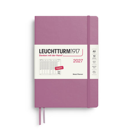 Week Planner 2027, 12 Months, English – Medium (A5) Hardcover Dusty Rose
