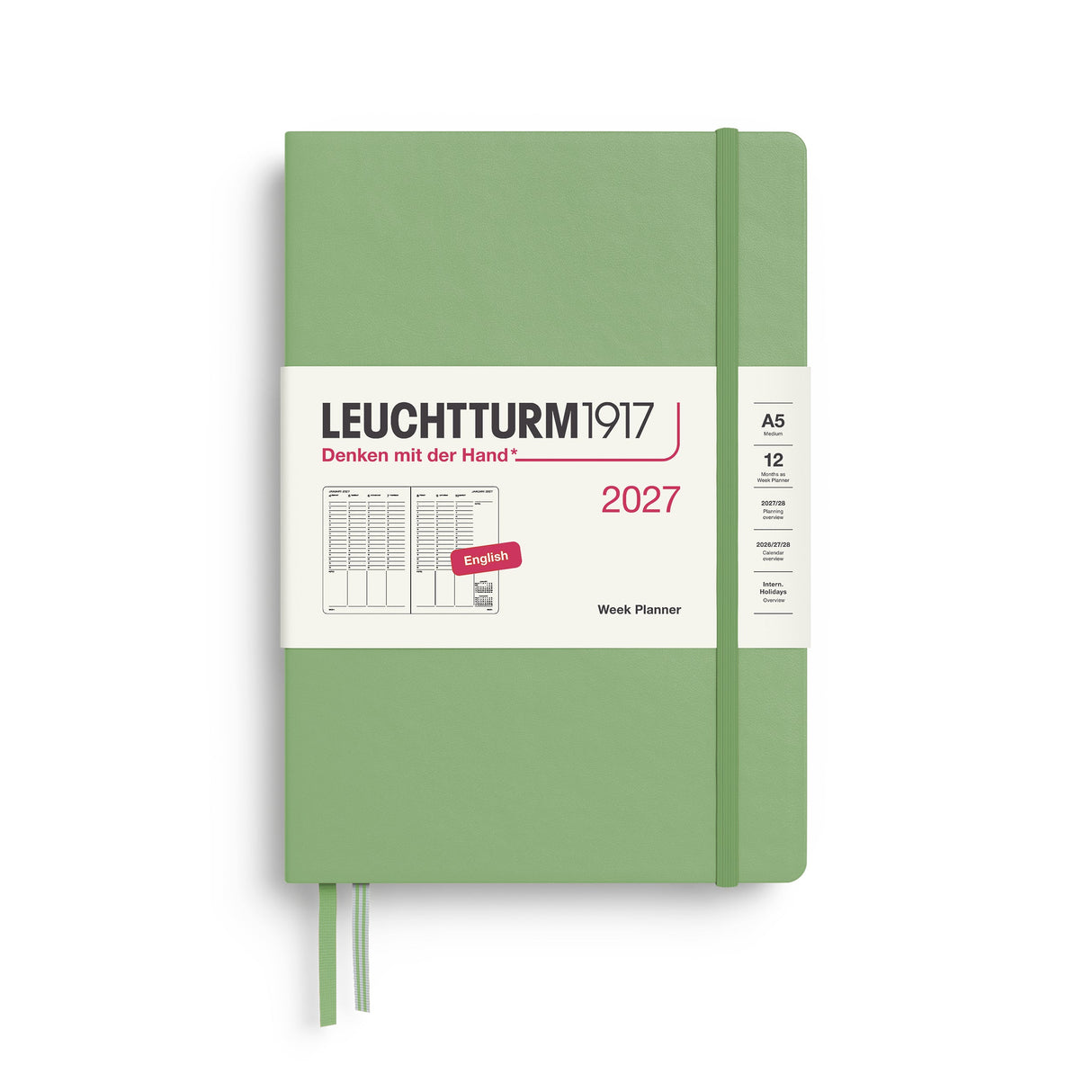 Week Planner 2027, 12 Months, English – Medium (A5) Hardcover Sage