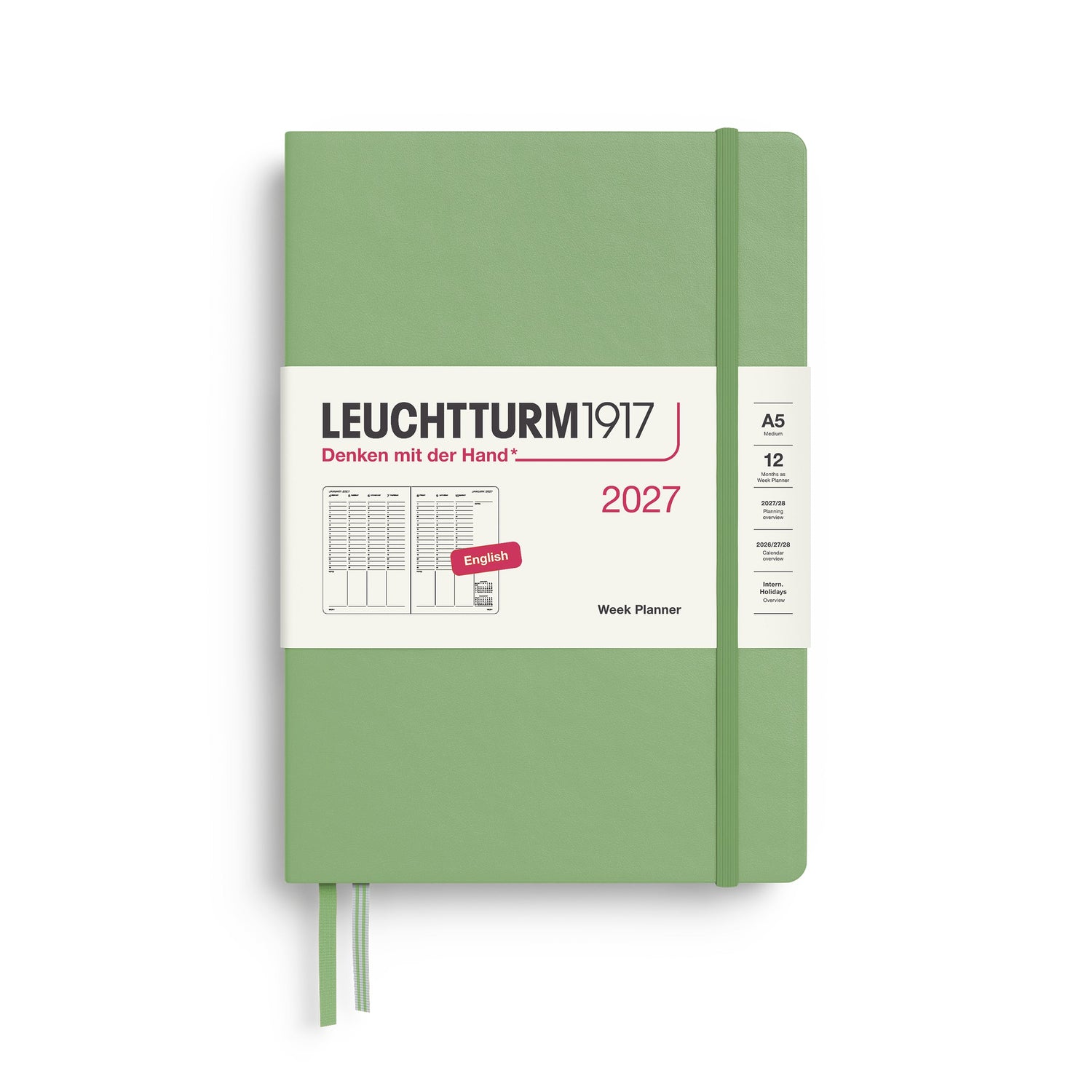 Week Planner 2027, 12 Months, English – Medium (A5) Hardcover Sage