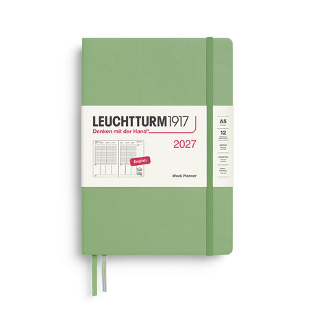 Week Planner 2027, 12 Months, English – Medium (A5) Hardcover Sage