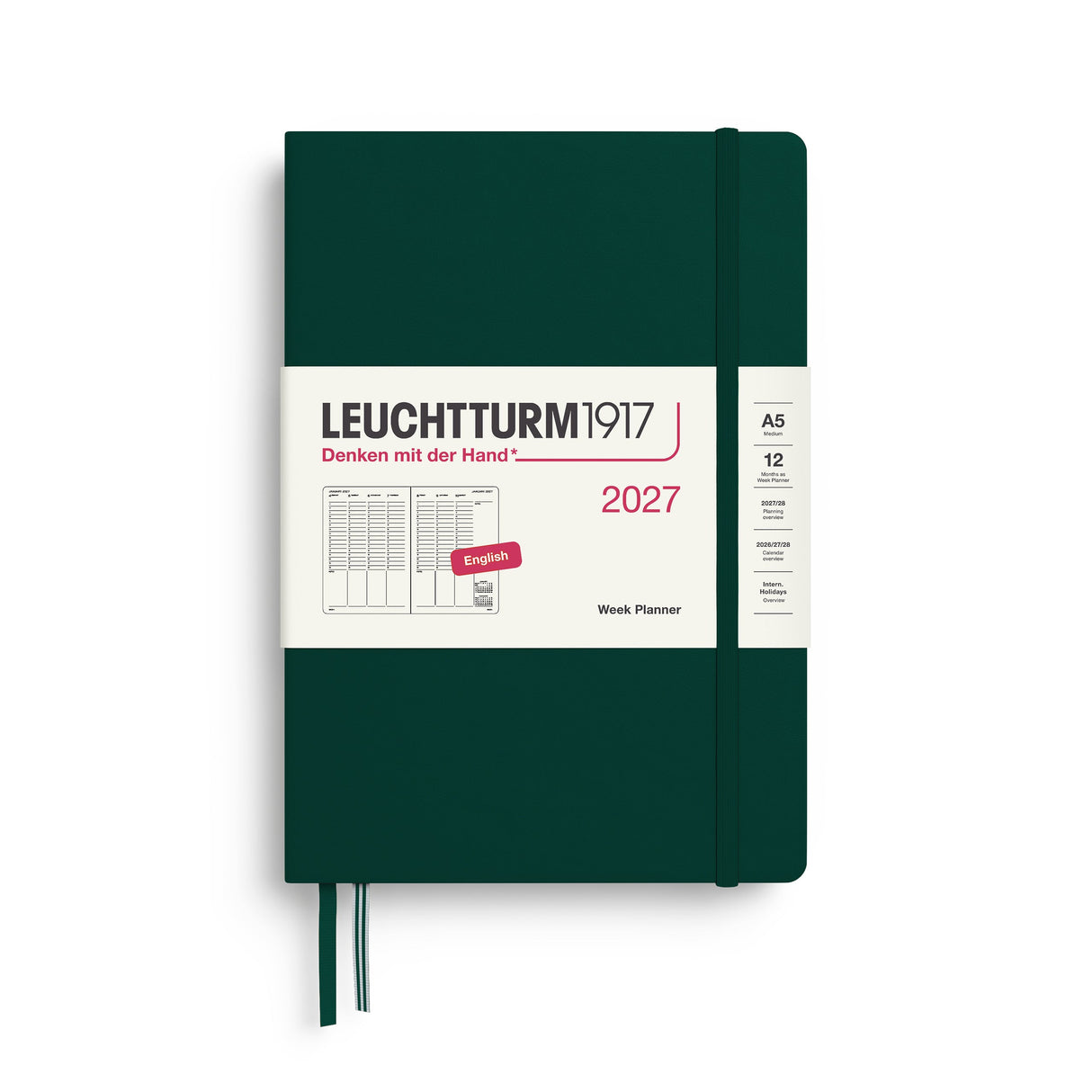 Week Planner 2027, 12 Months, English – Medium (A5) Hardcover Forest Green