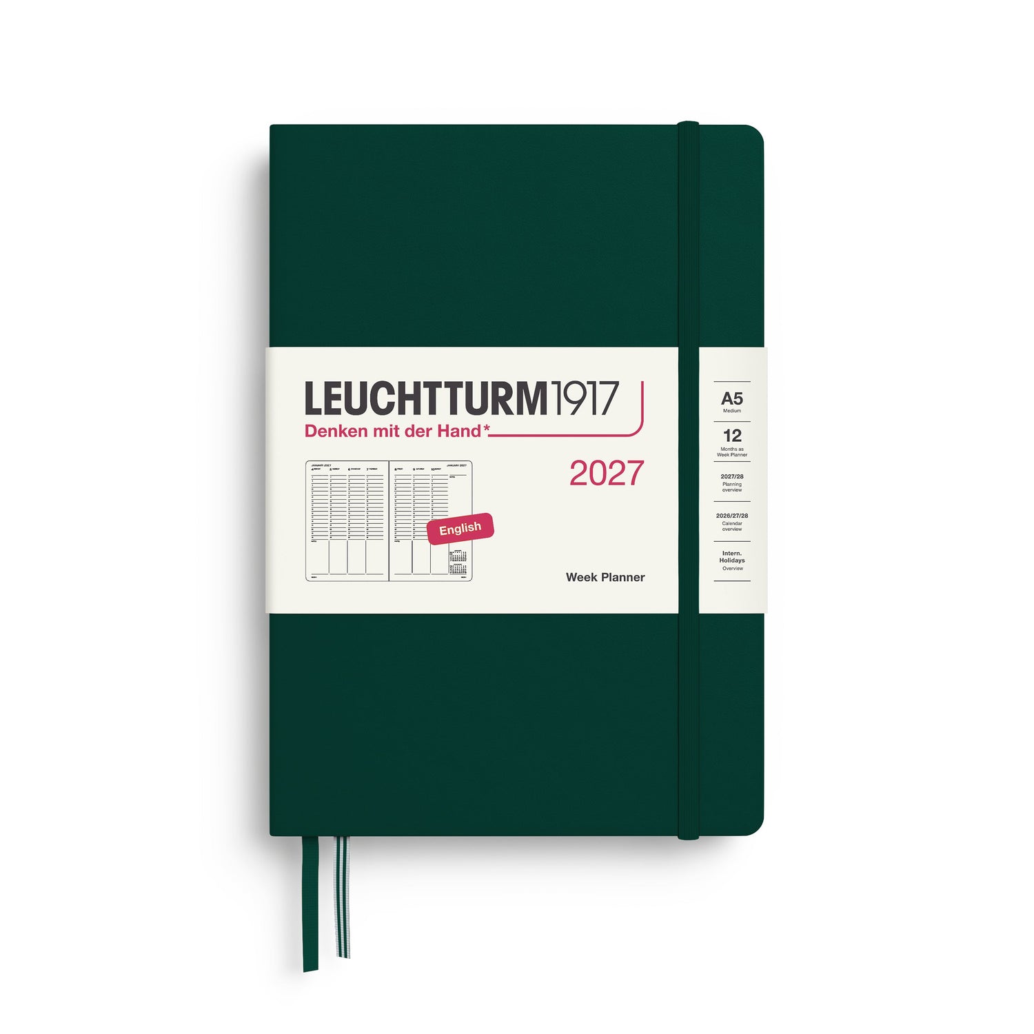 Week Planner 2027, 12 Months, English – Medium (A5) Hardcover Forest Green