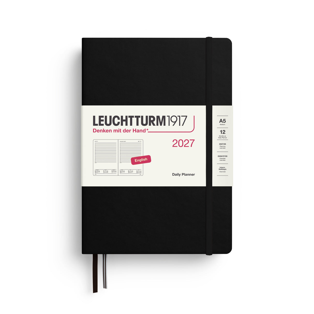 Daily Planner 2027, 12 Months, English – Medium (A5) Hardcover Black