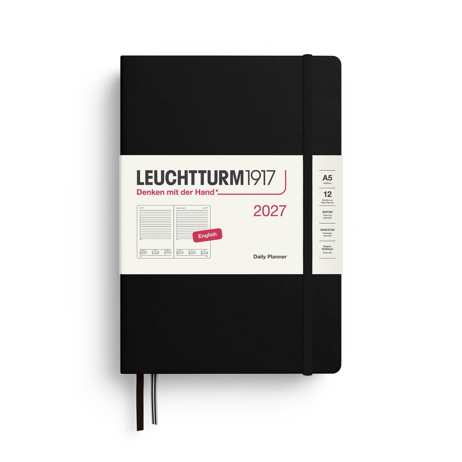 Daily Planner 2027, 12 Months, English – Medium (A5) Hardcover Black