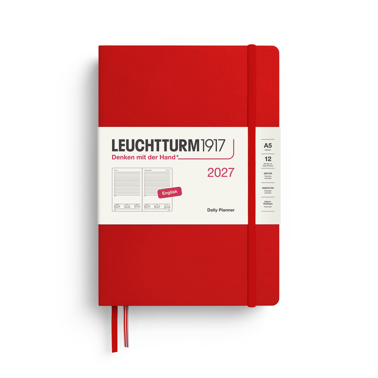 Daily Planner 2027, 12 Months, English – Medium (A5) Hardcover Cherry