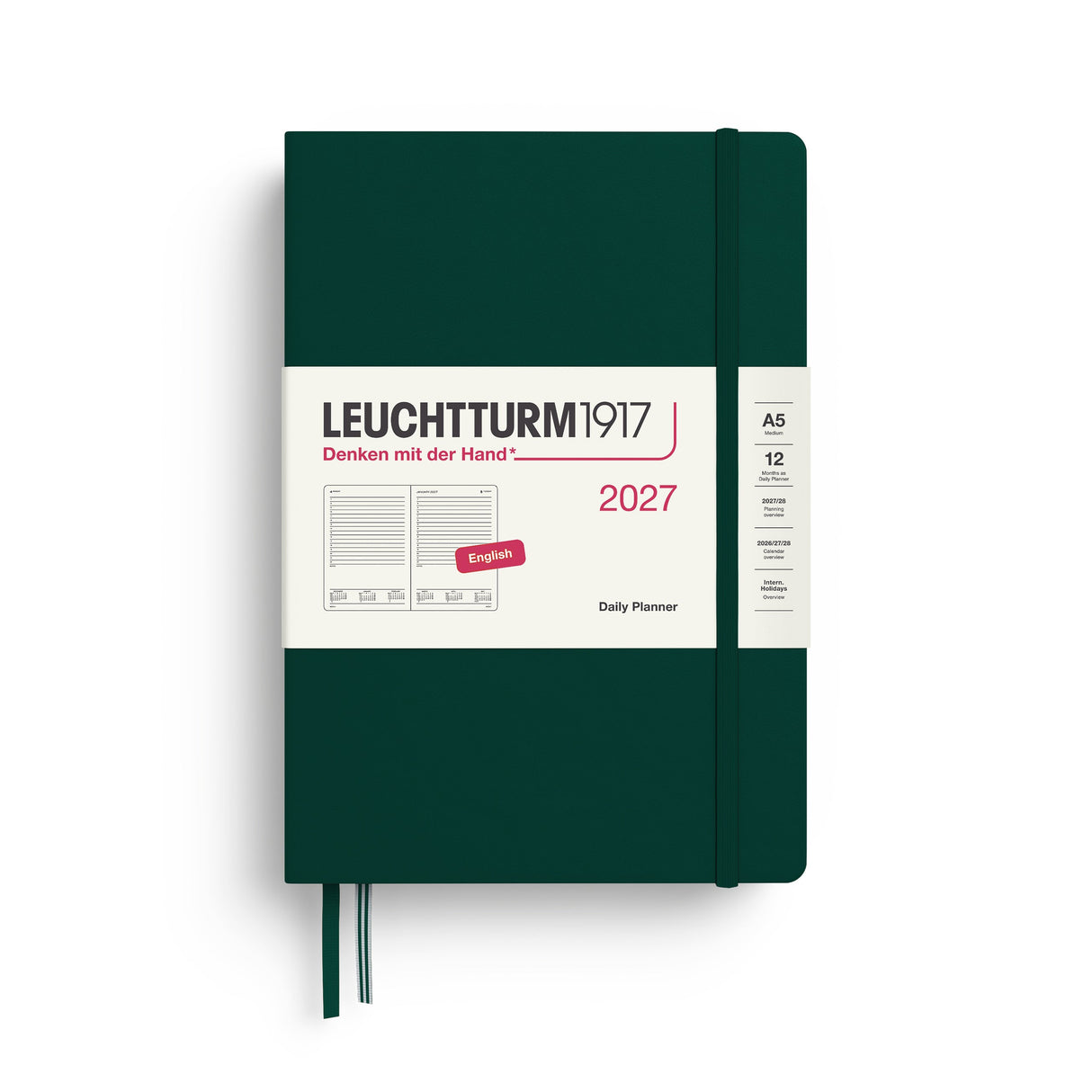 Daily Planner 2027, 12 Months, English – Medium (A5) Hardcover Forest Green