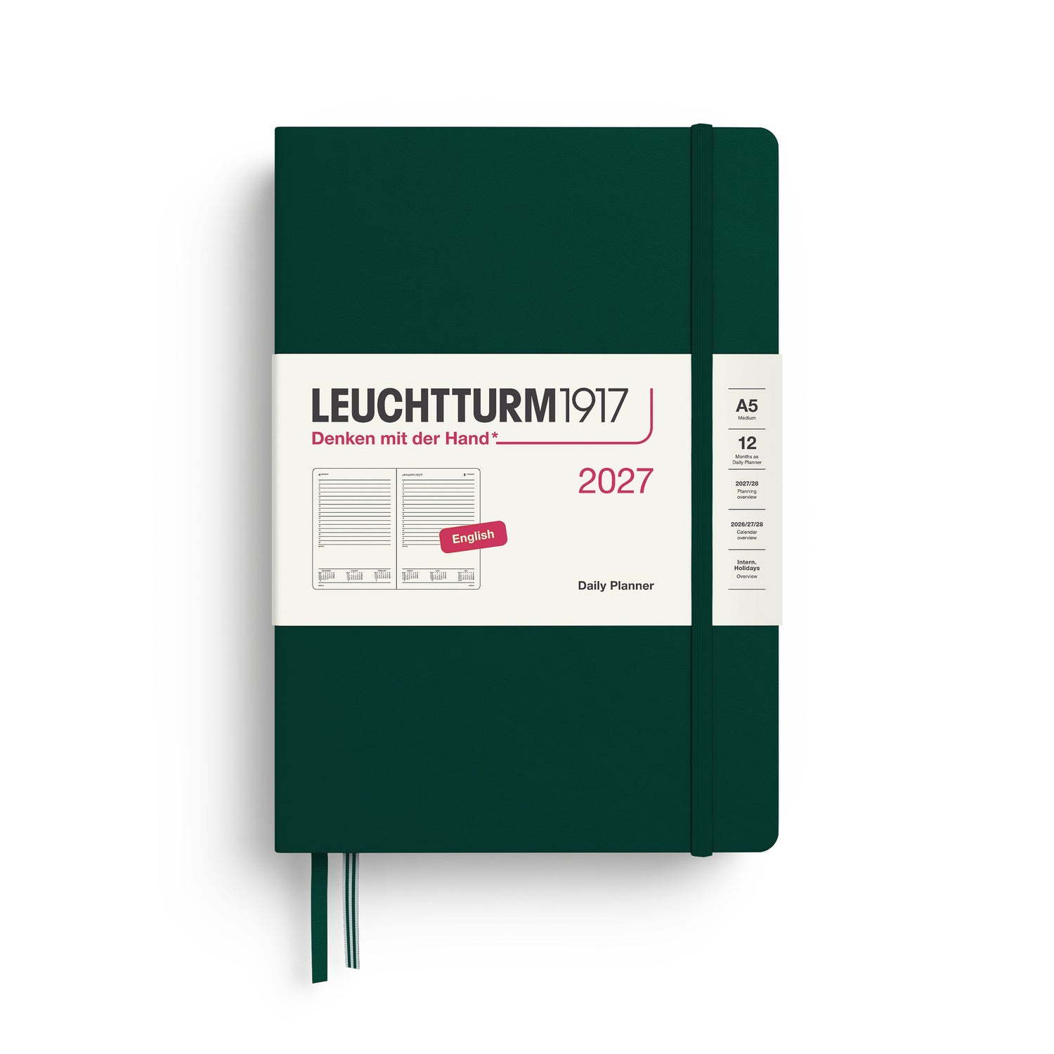 Daily Planner 2027, 12 Months, English – Medium (A5) Hardcover Forest Green