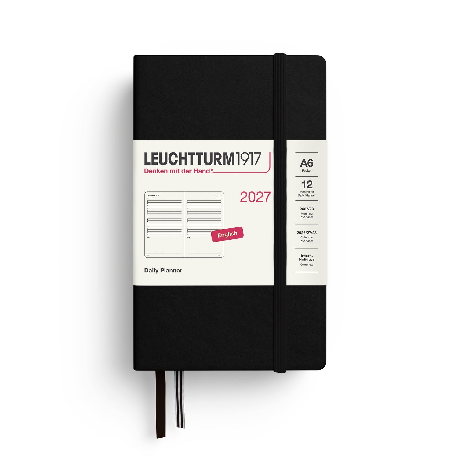 Daily Planner 2027, 12 Months, English – Pocket (A6) Hardcover Black