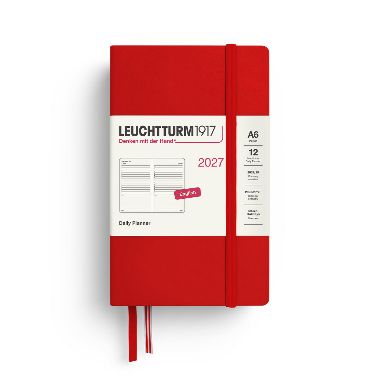 Daily Planner 2027, 12 Months, English – Pocket (A6) Hardcover Cherry