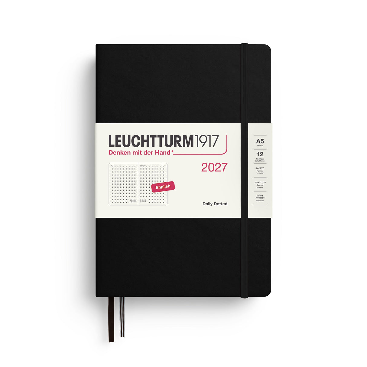 Daily Planner 2027, 12 Months, Dotted, English – Medium (A5) Hardcover Black