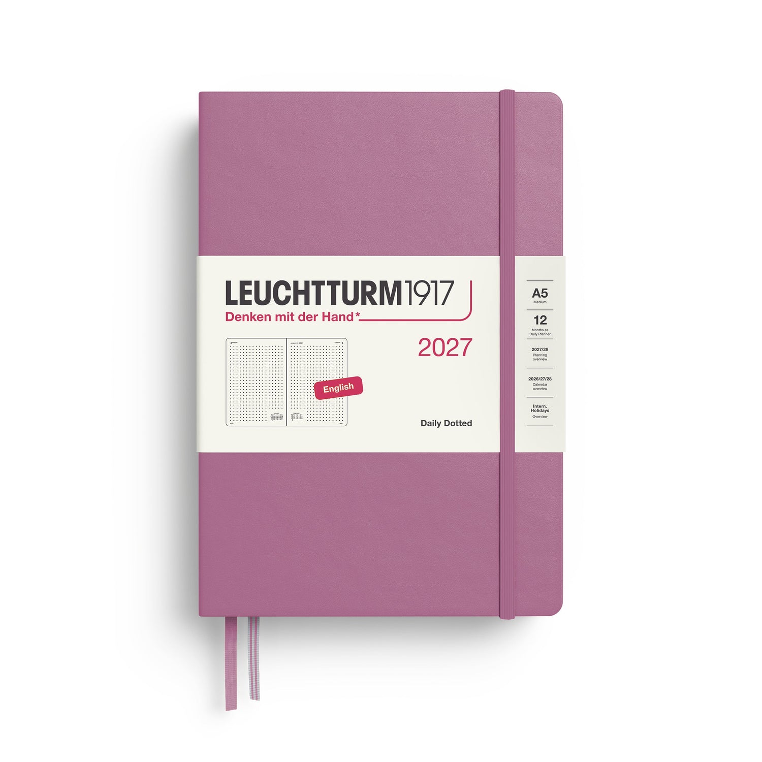 Daily Planner 2027, 12 Months, Dotted, English – Medium (A5) Hardcover Dusty Rose