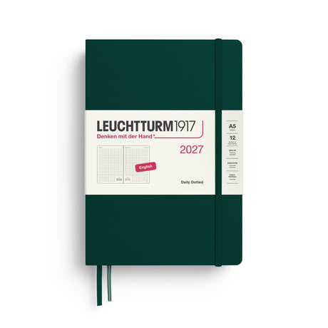 Daily Planner 2027, 12 Months, Dotted, English – Medium (A5) Hardcover Forest Green
