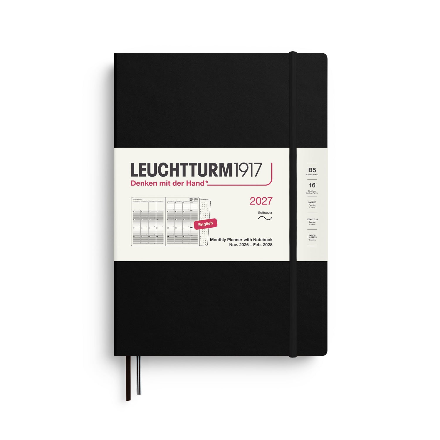 Monthly Planner with Notebook 2027, 16 Months, English – Composition (B5) Softcover Black