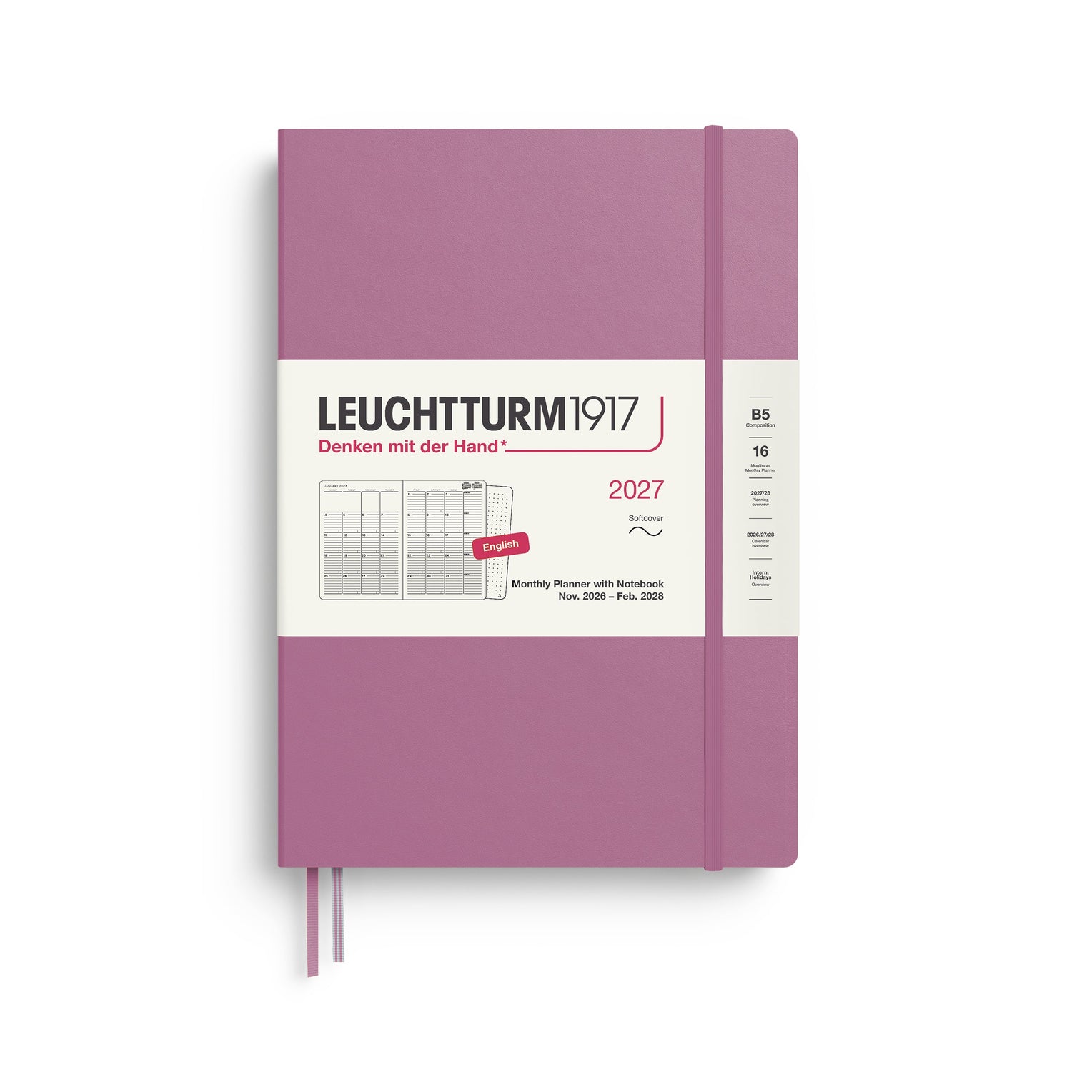 Monthly Planner with Notebook 2027, 16 Months, English – Composition (B5) Softcover Dusty Rose