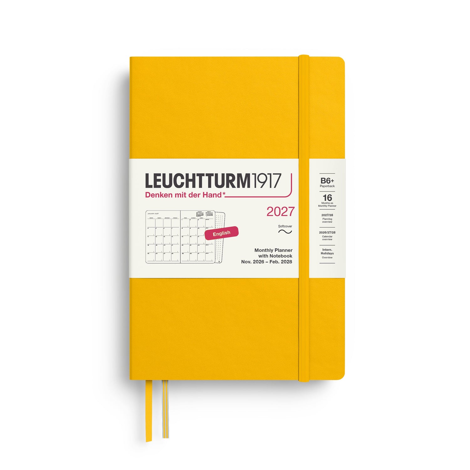 Monthly Planner with Notebook 2027, 16 Months, English – Paperback (B6+) Softcover Sunflower