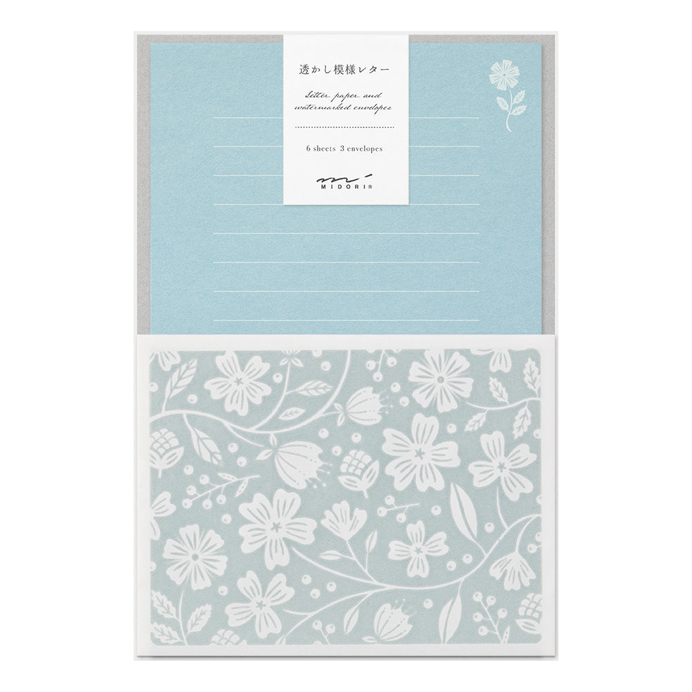 Midori Letter Set Stationery - Flower Light Blue