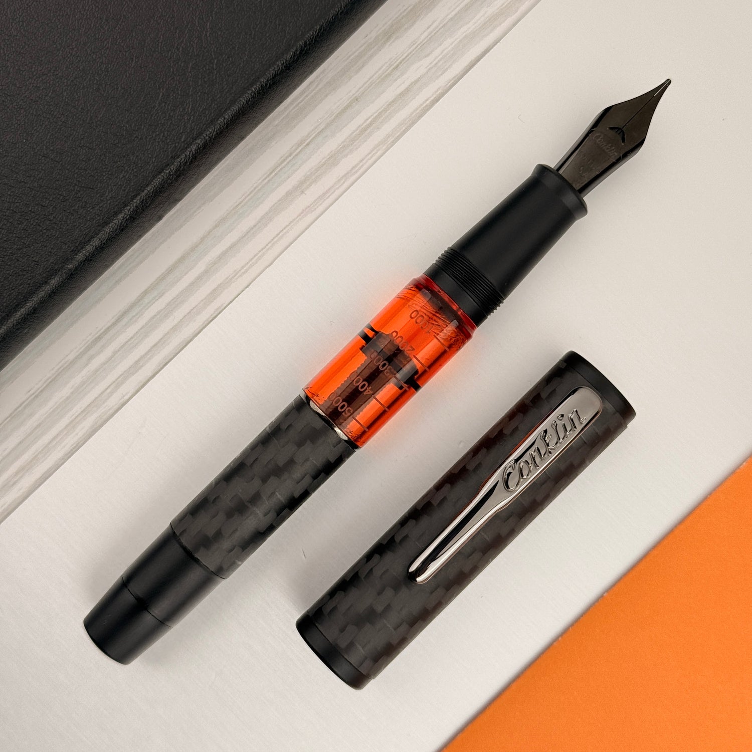 Conklin Carbon Fiber Stealth Word Gauge Fountain Pen - Orange
