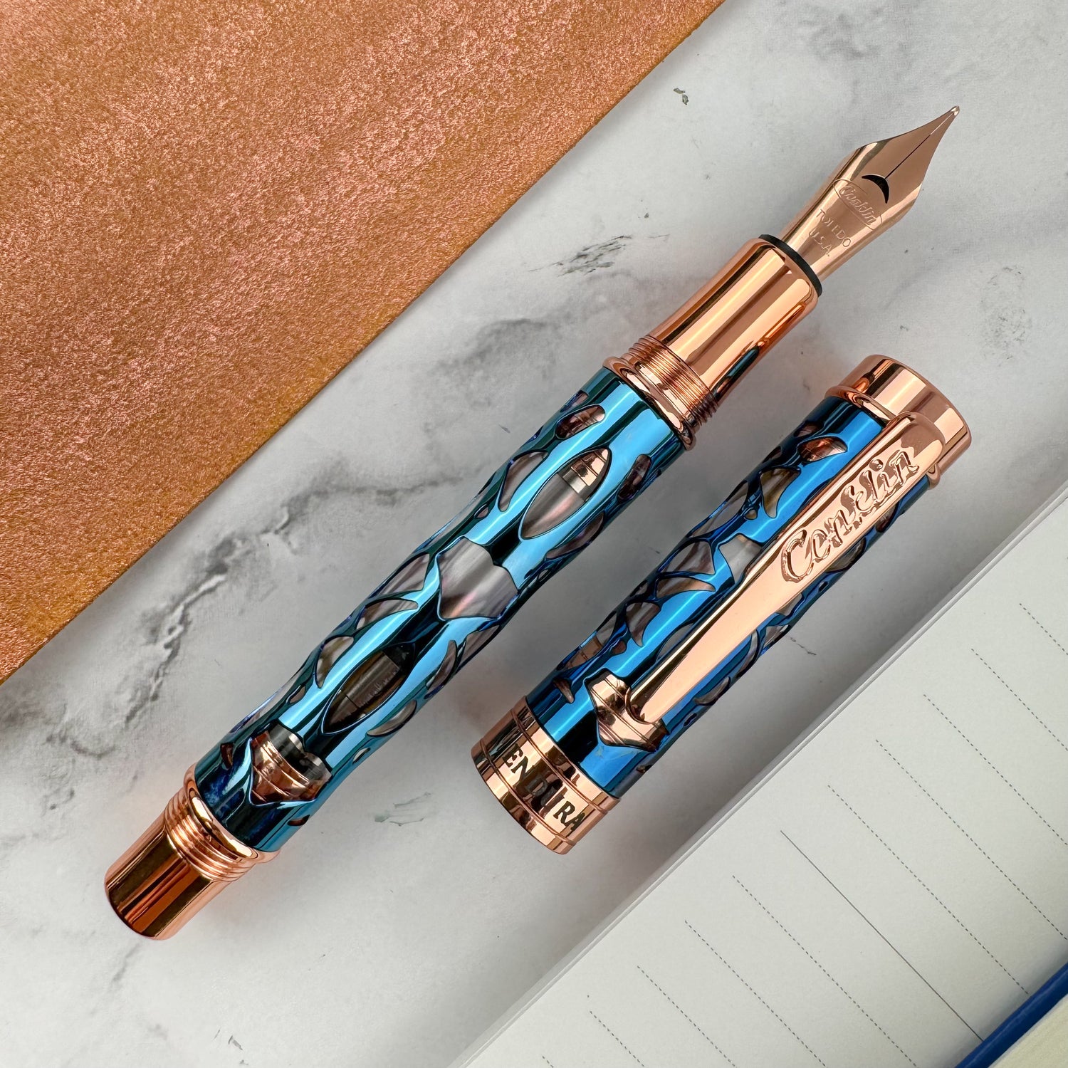 Conklin Endura Deco Crest Fountain Pen - Demo Blue w/ Rosegold