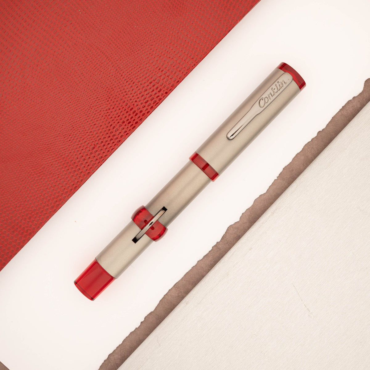 Conklin Mark Twain Crescent Filler 120th Anniversary Titanium Fountain Pen - Red