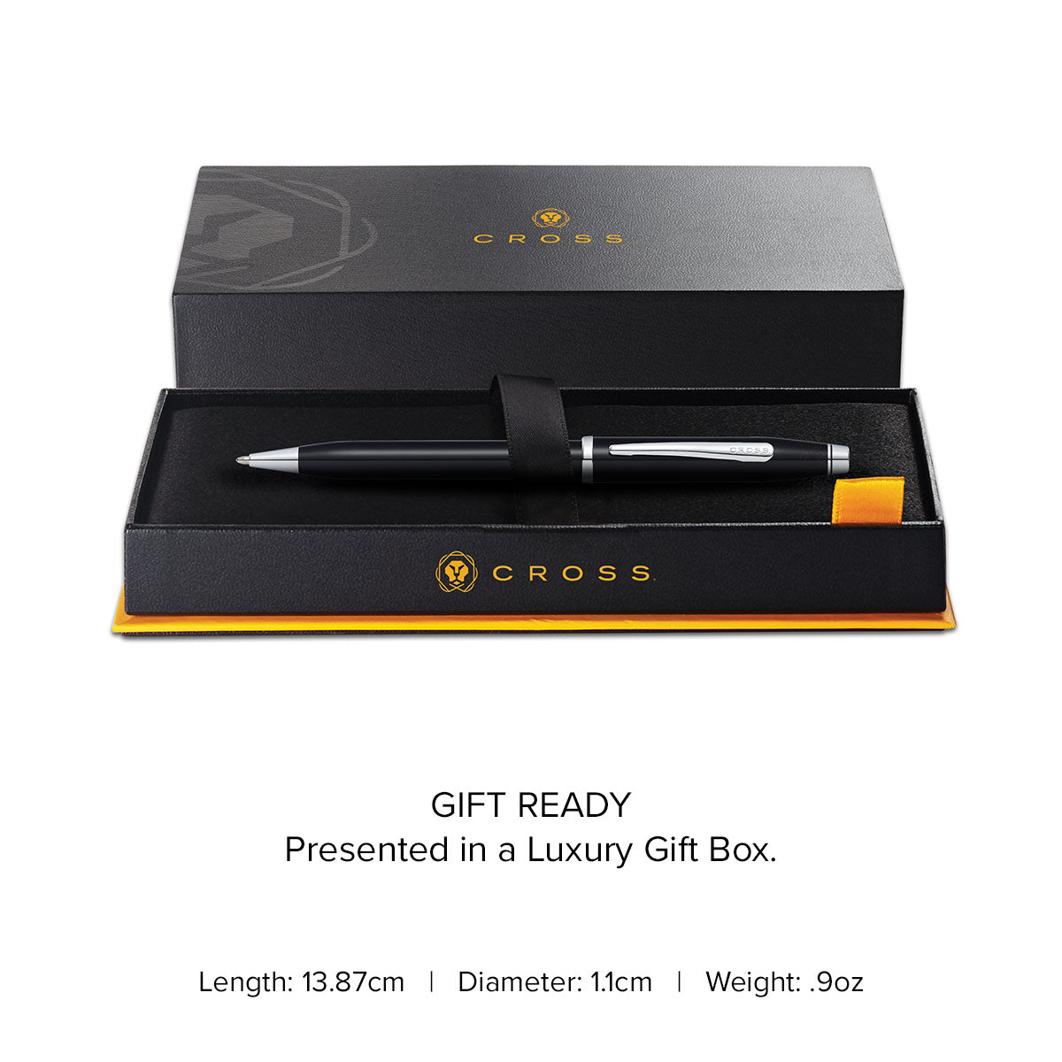 Century II Black Lacquer Ballpoint Pen - gift box and specs