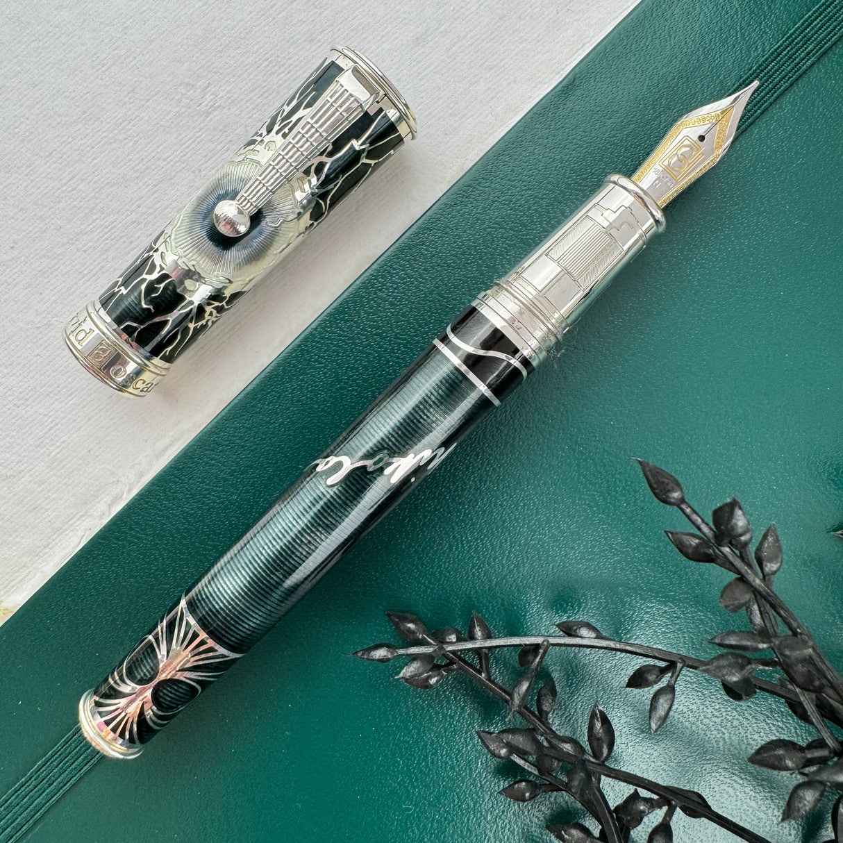 David Oscarson Nikola Tesla Fountain Pen - Black Green w/ Silver (Limited Edition #10/86)