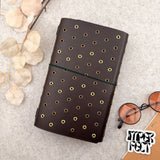 Imperfect Concepts Dancer Leather Notebook - A5 Trifold - Dark Brown w/ Gold & Brass Grommets