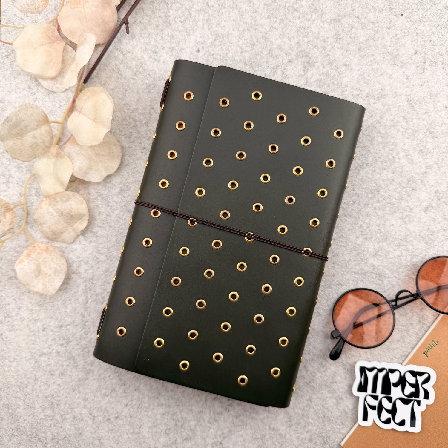 Imperfect Concepts Dancer Leather Notebook - A5 Trifold - Olive w/ Gold & Brass Grommets