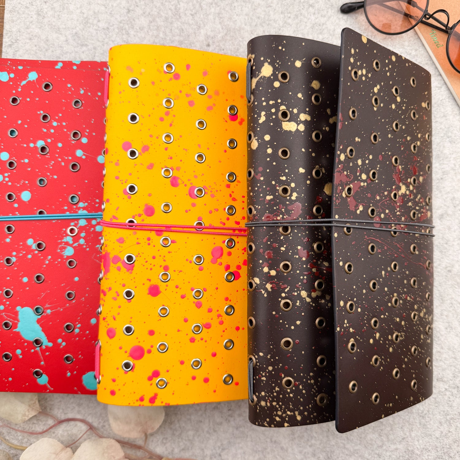 Imperfect Concepts Dancer Leather Notebook - A5 Trifold - Painted Yellow w/ Silver Grommets
