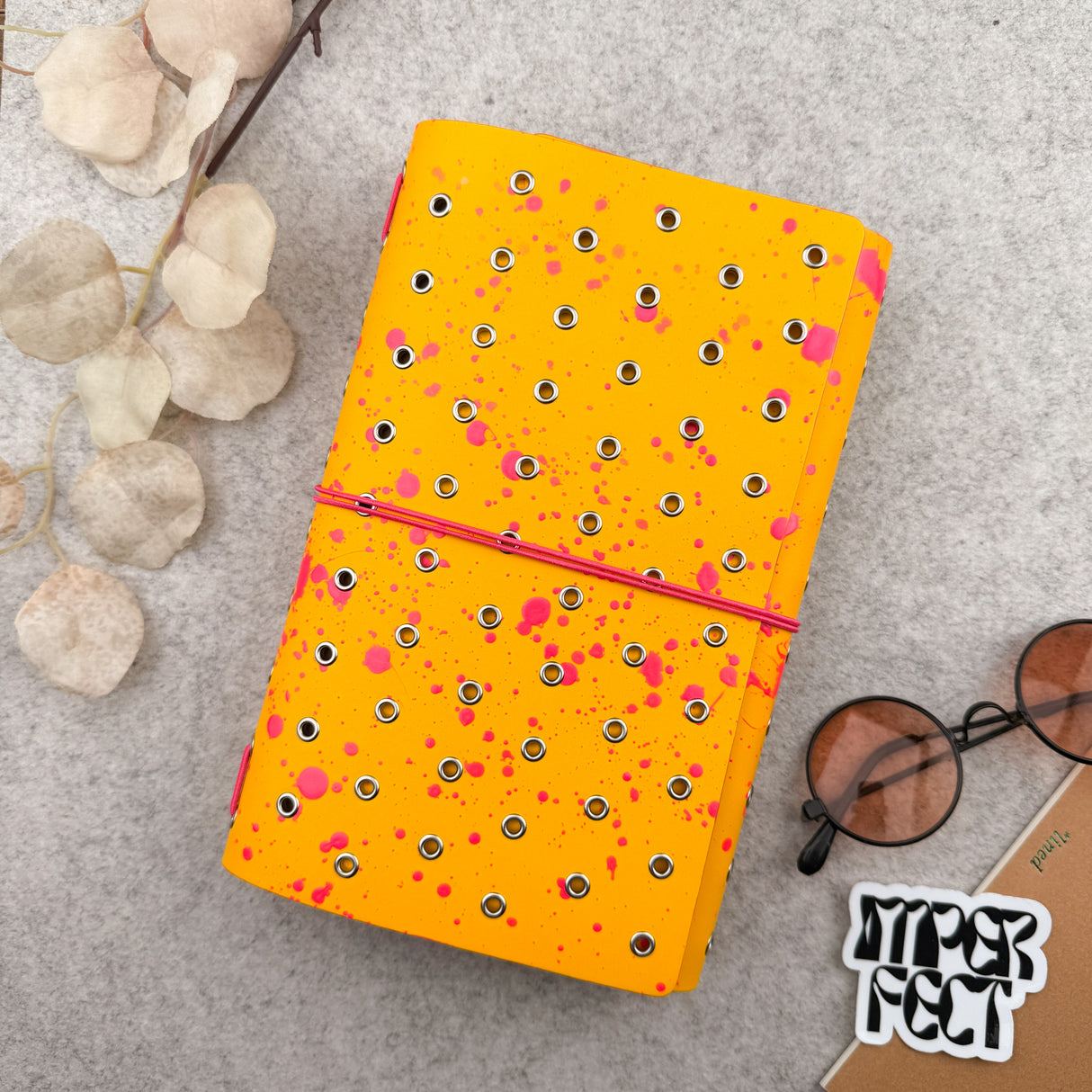 Imperfect Concepts Dancer Leather Notebook - A5 Trifold - Painted Yellow w/ Silver Grommets
