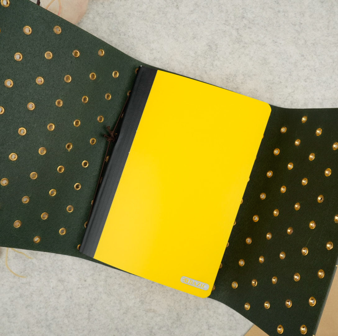 Imperfect Concepts Niko Leather Notebook - B6 Trifold - Painted Olive w/ Brass Grommets
