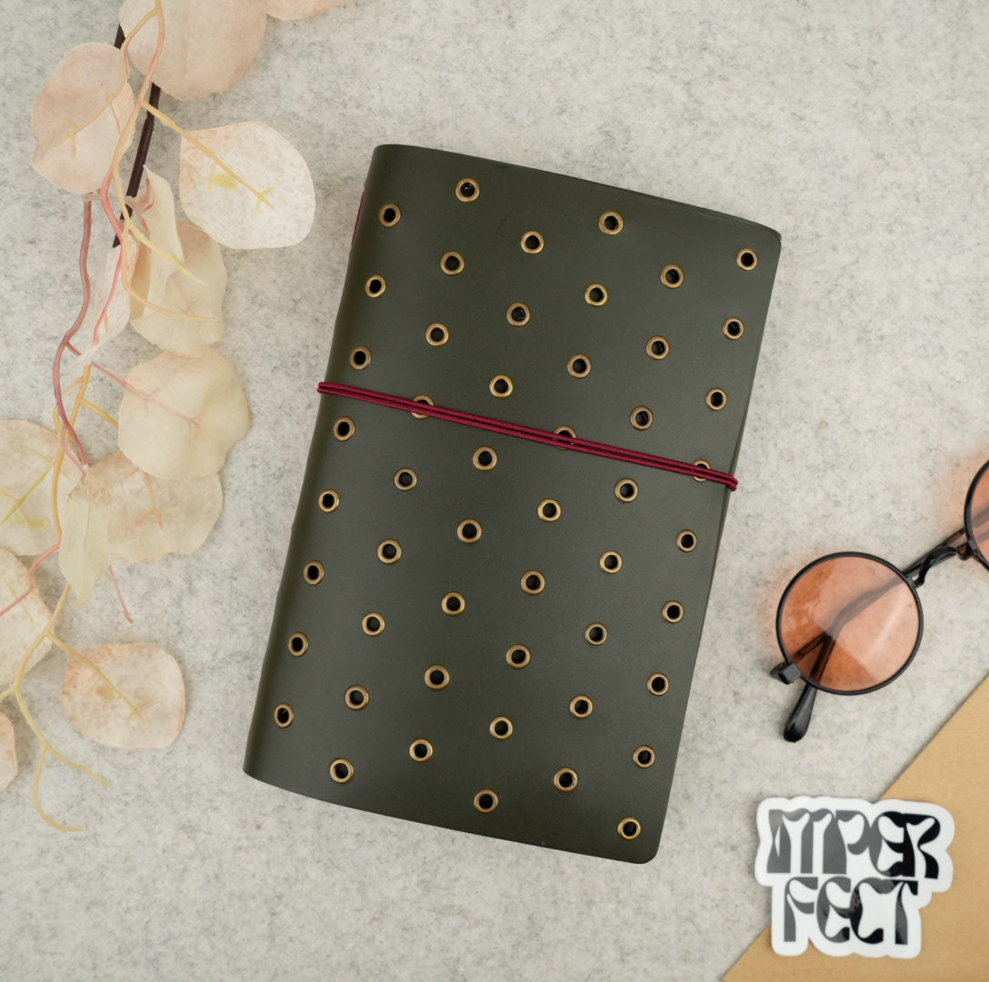 Imperfect Concepts Niko Leather Notebook - B6 Trifold - Olive w/ Brass Grommets