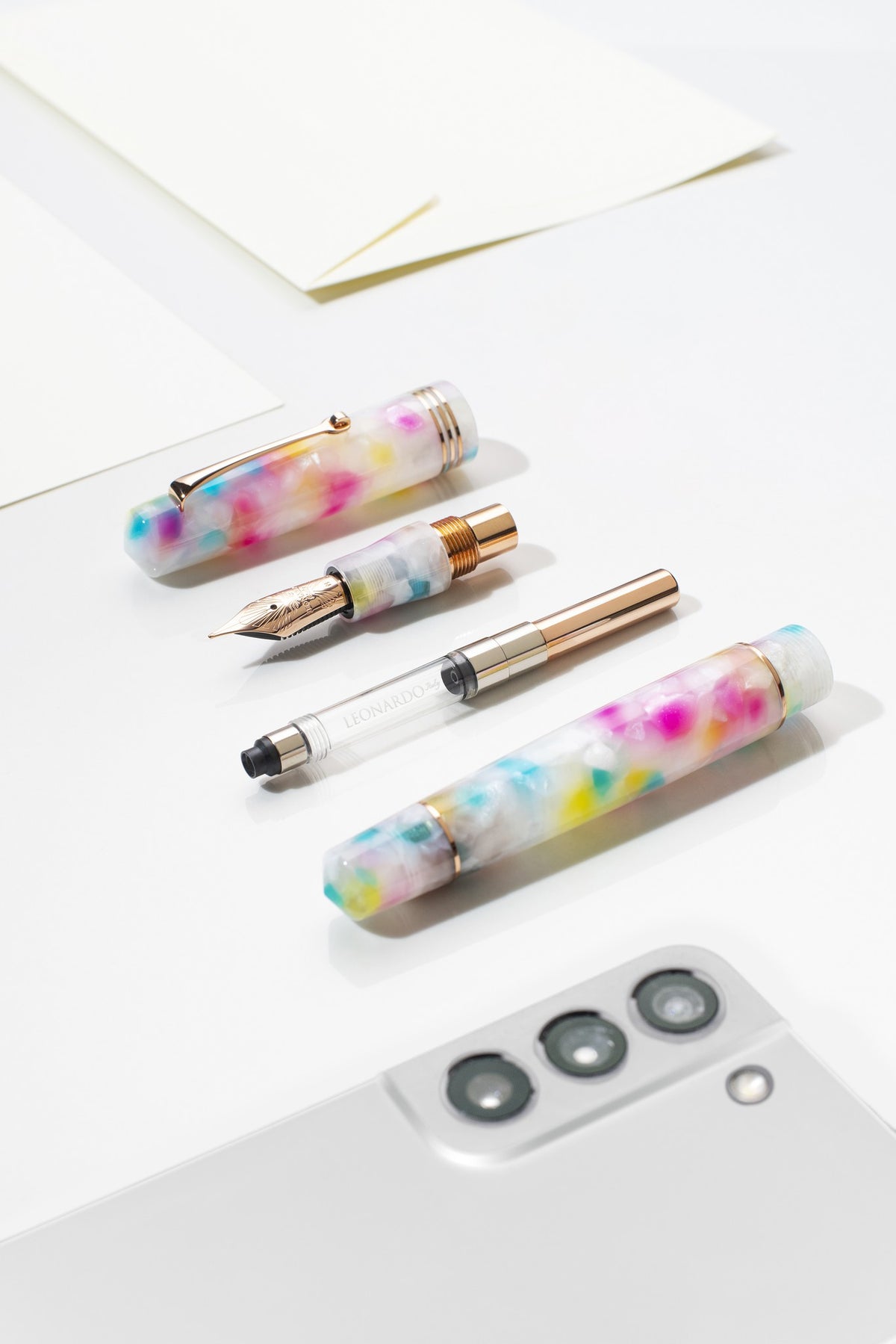 Leonardo Momento Zero Rainbow Sprinkles fountain pen with rose gold trim