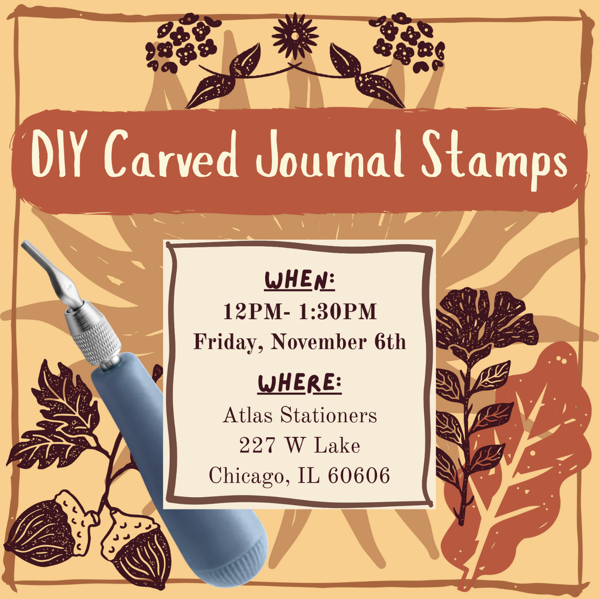 DIY Carved Journal Stamps Workshop at Atlas Stationers, Friday, November 6th, 12PM-1:30PM
