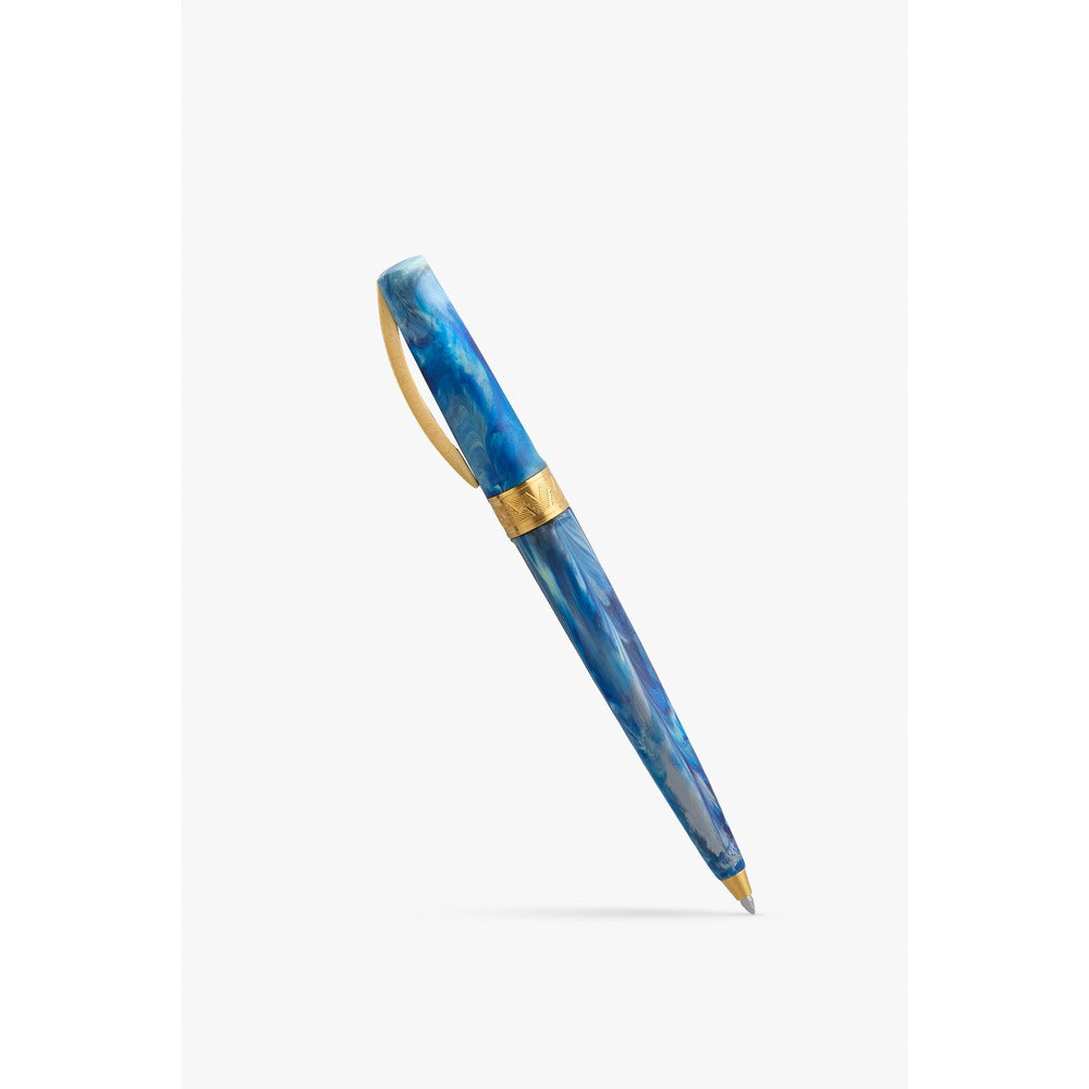 Visconti Mirage Mythos Odysseus ballpoint pen, showing the blue and turquoise swirl acrylic body with gold-tone trim and twist mechanism